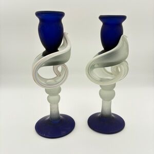 Pair of Cobalt Blue and White Hand Blown Frosted Glass 8 in Candlestick Holders